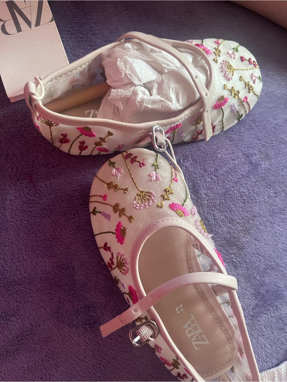 Zara White Floral Embroidered Mary Jane Flats with Pink & Green Accents